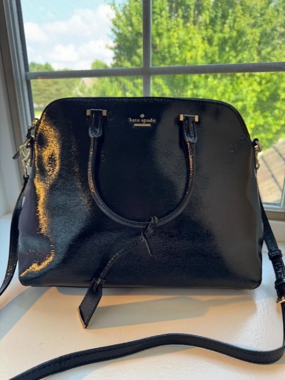 Kate Spade Cedar Street Glossy Patent Maise Satchel Black Polka Dot Lining